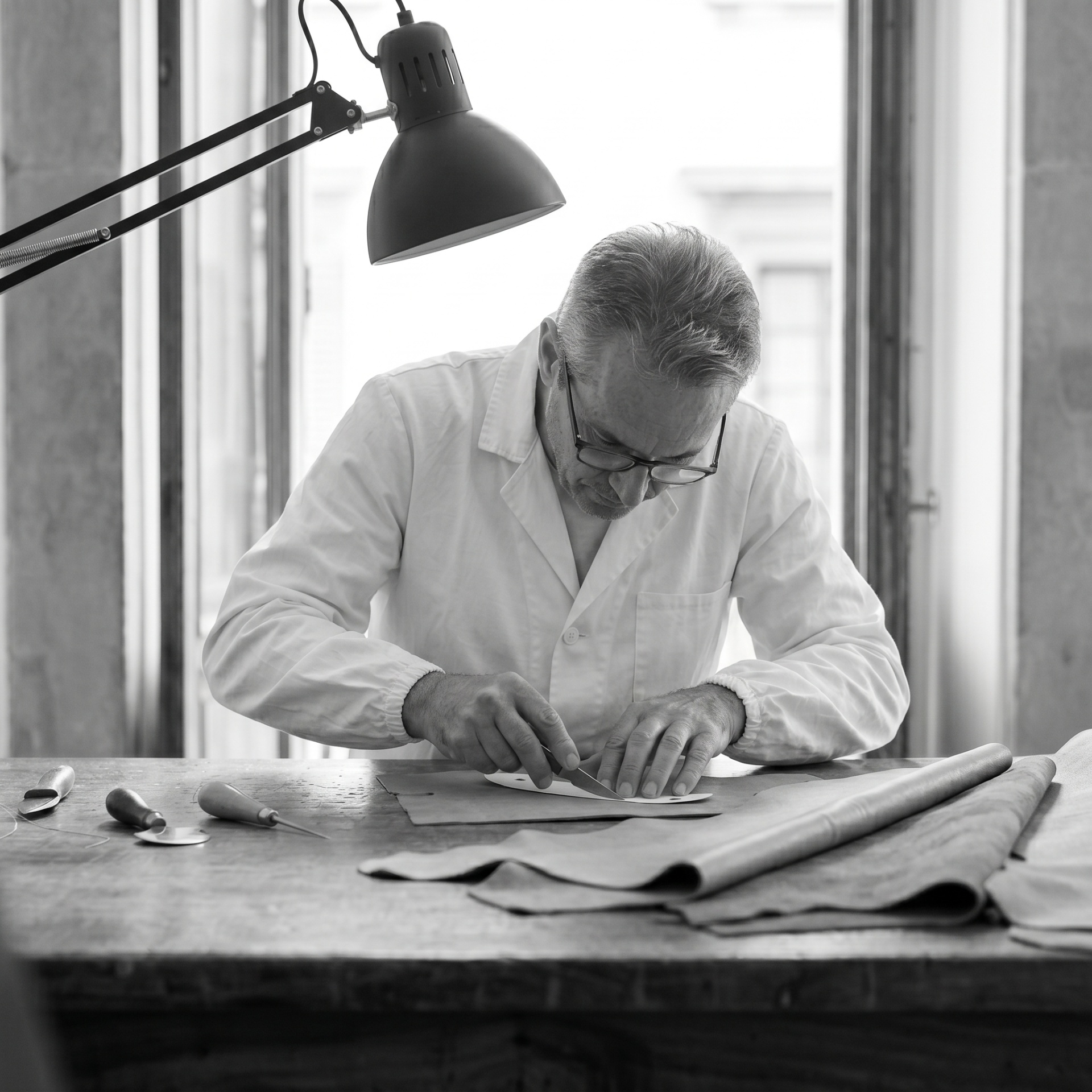 Atelier detail — hands, leather, stitching