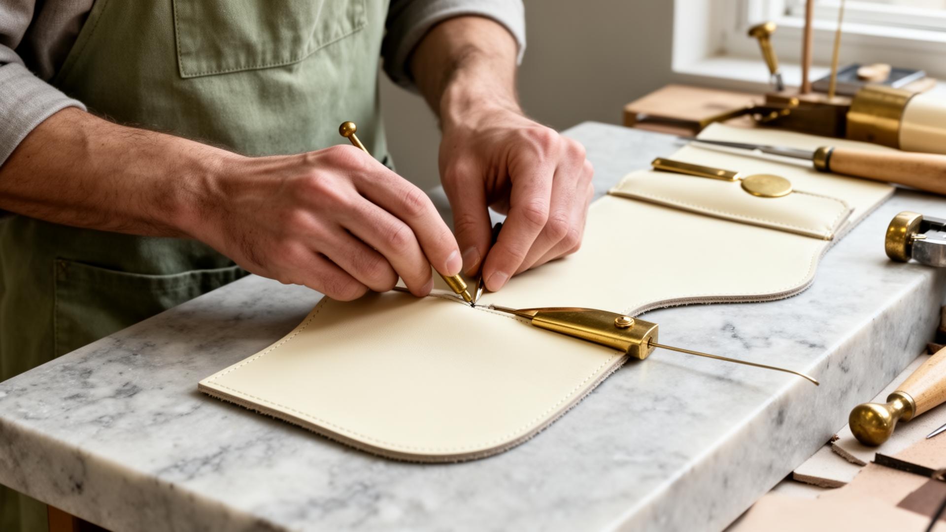 Atelier detail — hands, leather, stitching